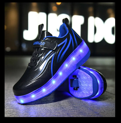 YUNICUS Led Light Boys Girls Shoe USB Charging Black Two Wheels Luminous Sneakers Roller Skate Shoes for Children Kids Led Shoes.