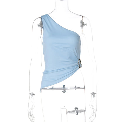 Dulzura One Shoulder Sleeveless Backless Bodycon Irregular Metal Button Tank Top Solid Sexy Casual Y2K Tops Party Street Outfit