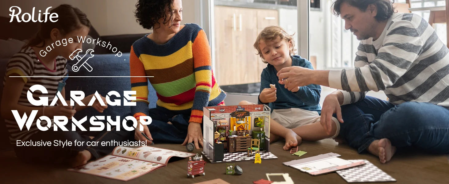 Robotime Rolife Dollhouse Miniature House Kit DIY Mini Garage Workshop LED Light Decorative Wooden Craft Gifts for Children.