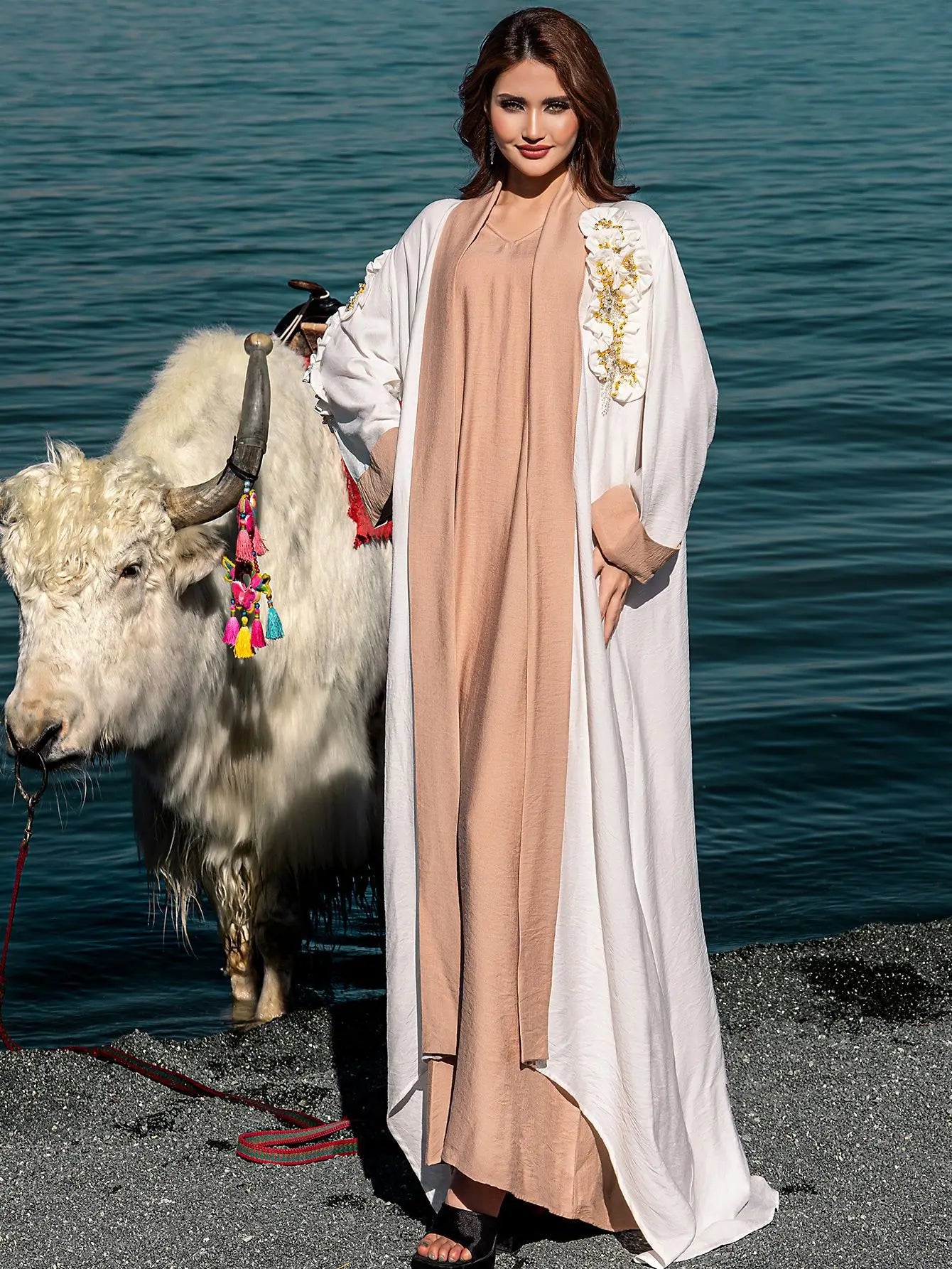 Ramadan Eid White Kimono 2 Piece Abaya Damen Dubai Luxury Set Islam Muslim Modest Dress Women Kebaya Kaftan Robe Femme Musulman.