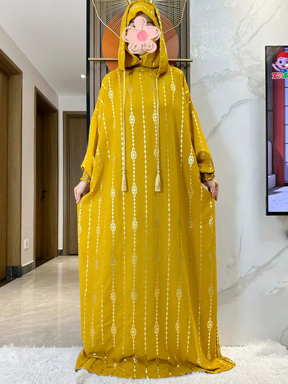 New Cotton Ramadan Muslim Two-Hat Abaya Dubai Turkey Islam Prayer Clothes Gold Dust   Dress Islam Women Dress Kaftan