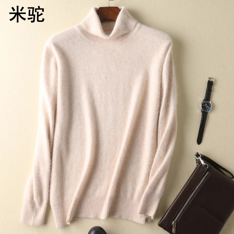 Men's 100% pure Mink Knitted Sweater Turtleneck Large Size Casual Pullover Autumn Winter New Base Shirt Men Warm High Lapels Top