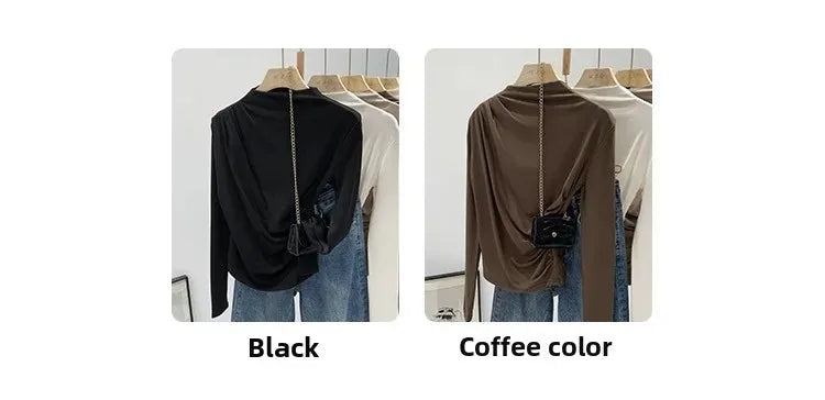 Early Autumn Pure Color High Neck Pleated Slim Fit Sexy Base Shirt Women's Fashionable Crew Neck T-shirt Full Sleeve China Origi.