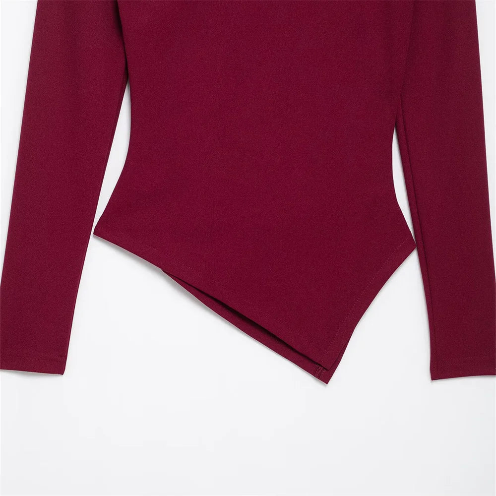 Women's Asymmetric Elastic Top Solid Color Long Sleeve Slant Neck Decoration Spring New Casual Women's Top.