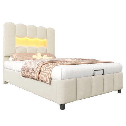 Modernes Polsterbett, 90 x 200 cm, ohne Matratze, LED-Beleuchtung, mit hydraulischem Gerät, verstellbarer Kopfteil, Samt, Grau