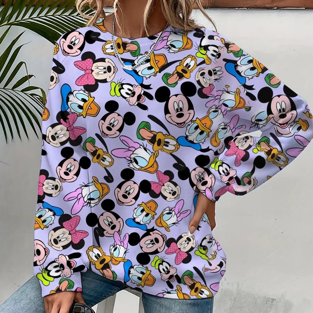 Damen-Sweatshirt mit Mickey-Mouse-Aufdruck, High-Street-Damen-Hoodie, Kleidung mit Y2K-Muster, lässiger Rundhalspullover.