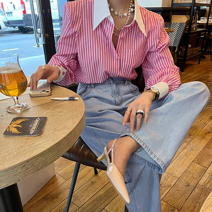 Jmprs Elegant Women Shirts Korean Striped Red Fashion Turn Down Collar Office Ladies Tops Long Sleeve Causal Female Blouse.