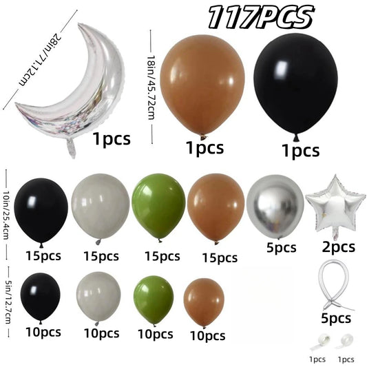 117-teiliges Themenballonbogen-Set mit Weltraumserie, Salbeigrün, Grau, Braun, Metallic-Silber, Kriegsballon und Stern-Folienballon, Geburtstagsparty-Dekoration, Abschlussfeierzubehör.