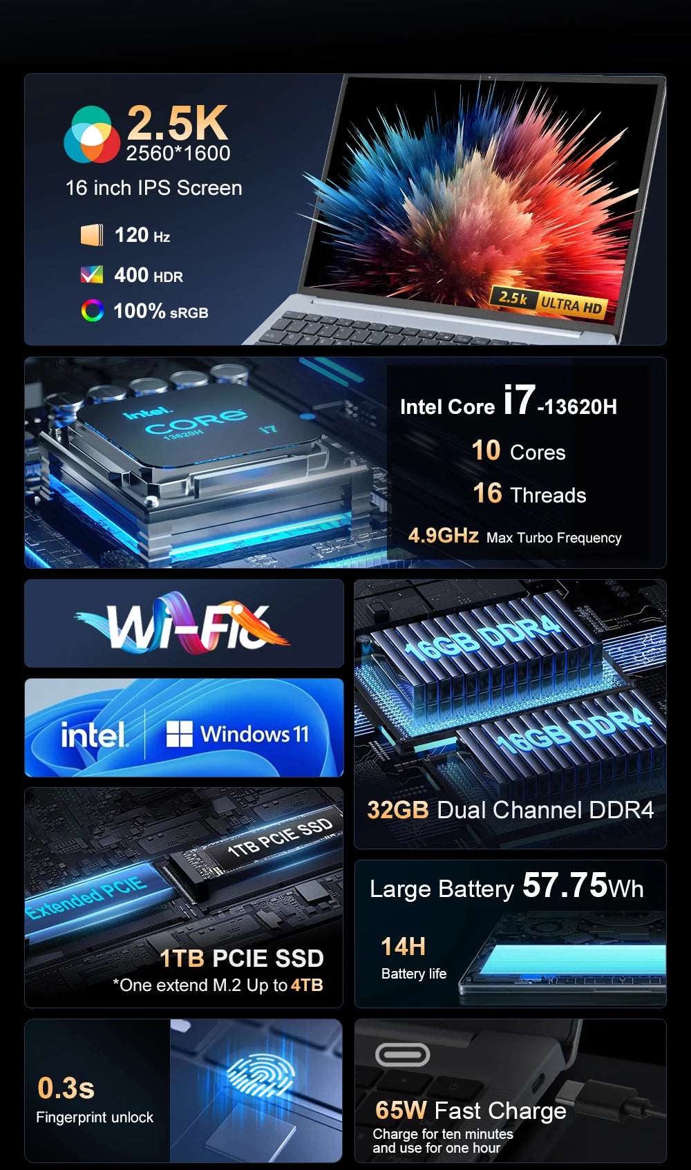 Laptop 16-inch 13th Gen Intel i7-13620H 32GB DDR4+1TB SSD 2.5K IPS 120Hz Face Unlock Notebook WiFi6 Gaming Computer.