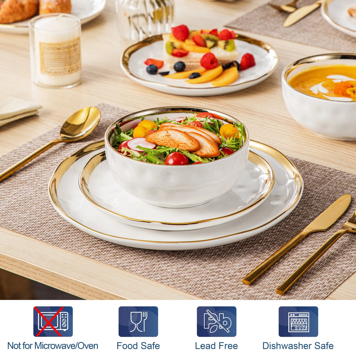 LOVECASA 12/24 Piece Ceramic Porcelain White and Golden Rim Dinnerware Sets With 4/8 PCS Dinner Plate/Dessert/Cereal Bowl for 4.