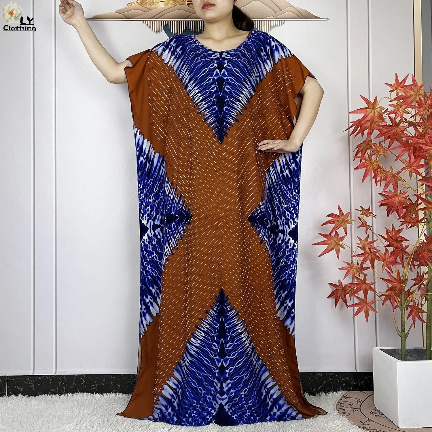 2024 New Muslim Women Dashiki Printed Dress Flower Diamonds Loose Dress With Big Scarf Islamic African Women Short Sleeve Abaya.