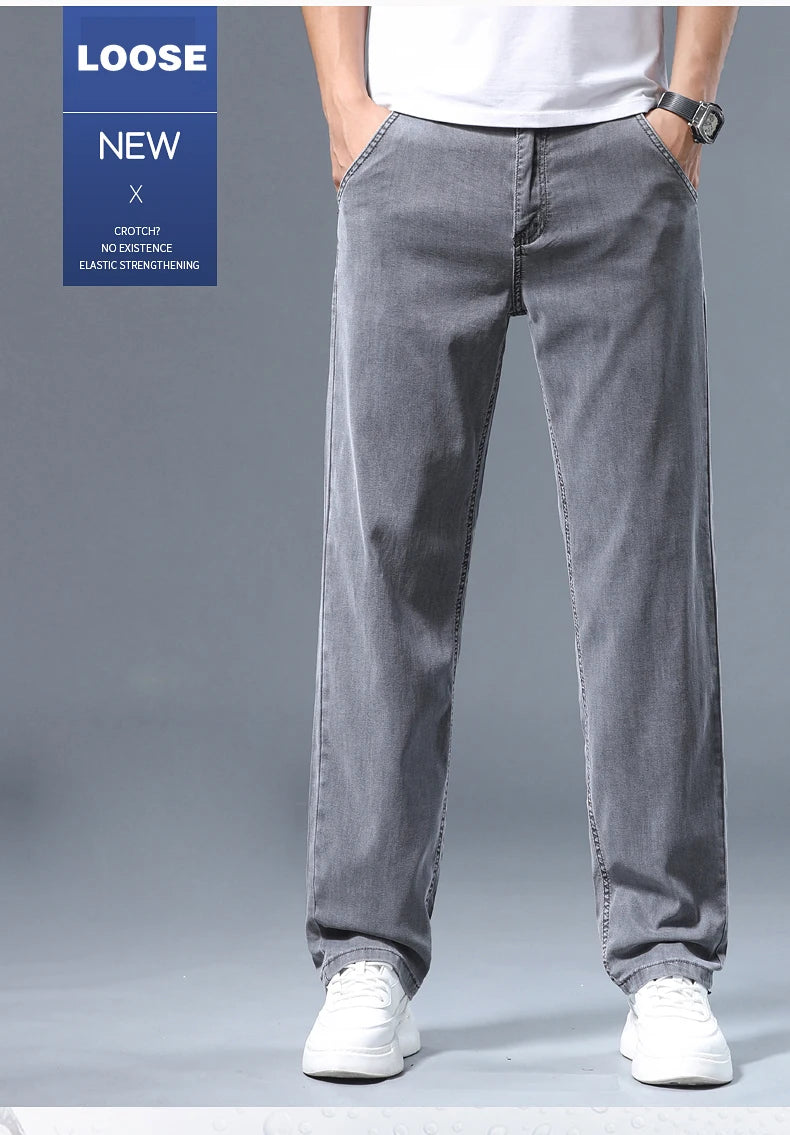 Summer Thin Men's Loose Straight Jeans Lyocell Soft Drape Business Casual Trousers Classic Smoke Gray Brand Ice Silk Pants.