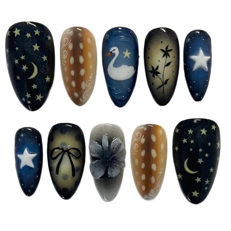 24pcs Gradient Black False Nails Yellow Star Moon Swan Pattern Press On Nails Sweet Cool Bowknots Flower Fake Nail Y2k Manicure.