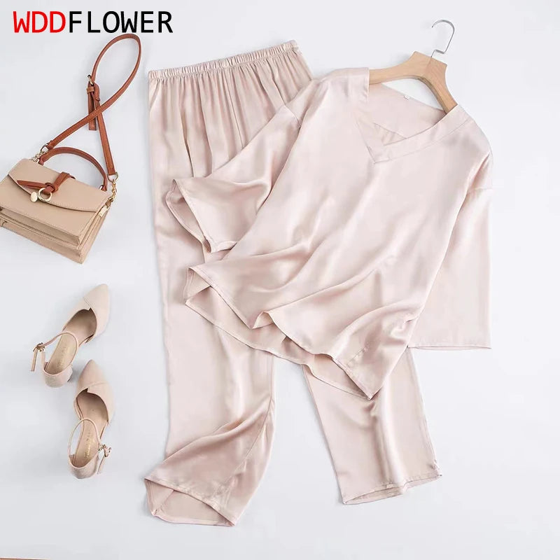 Women 100% Pure Mulberry Silk Charmeuse Silk V Neck Pajama Set Casual Loose Sleepwear Nightwear L XL SQ001.