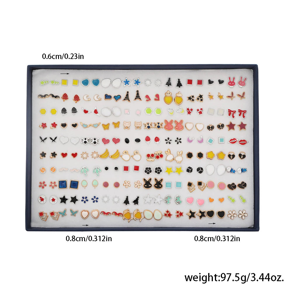 100 Pair/Lot Small Mini Stud Earring Set For Girl Love Star Animal Geometric Random Female Wedding Party Ear Jewelry Accessories.