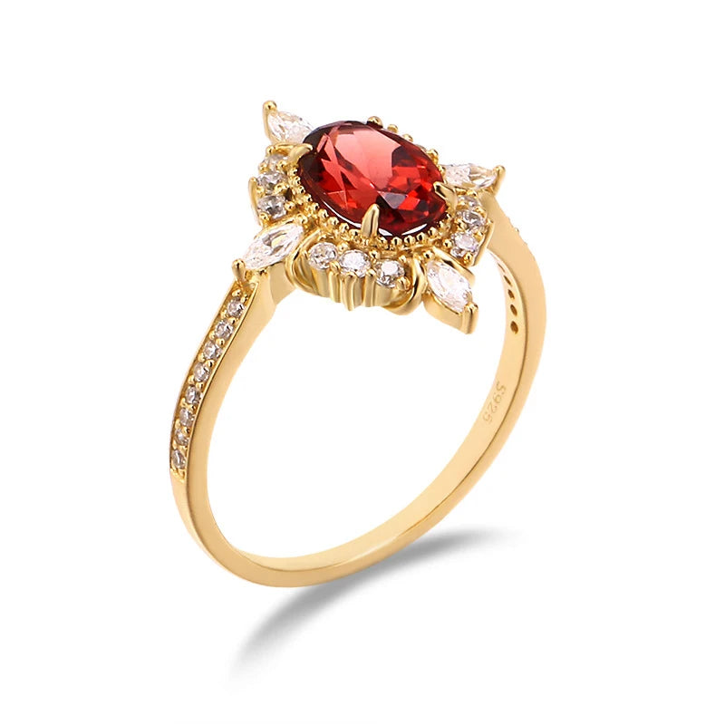 LAMOON Vintage Gemstone Ring Natural Garnet Rings For Women 925 Sterling Silver K Gold Plated Crystal Wedding Engagement RI182.