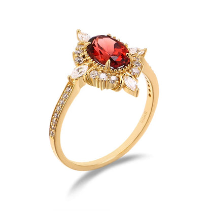 LAMOON Vintage Gemstone Ring Natural Garnet Rings For Women 925 Sterling Silver K Gold Plated Crystal Wedding Engagement RI182.