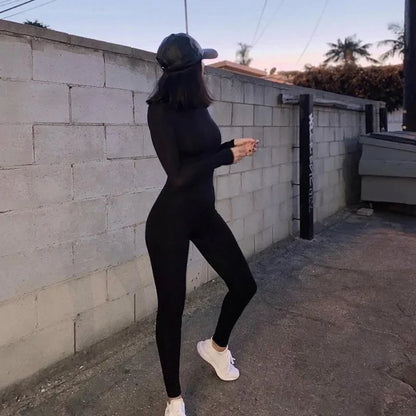 solid black/gray long sleeve skiing jumpsuit women elastic hight outfit fashion fitness sportwear slim rompers streetwear.