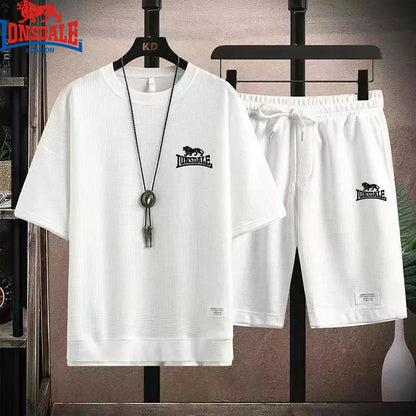 Embroidered LONSDALE Summer Men's Waffle Sets Casual T-Shirt And Shorts Set Male Sports Suit Tracksuit Loose Suits Size 3XL.