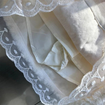 Chic Sweet Mini Skirt Women Winter Lace Patchwork High Waist A Line Plush Skirts Female Fashion Casual Preppy All Match Skirt.