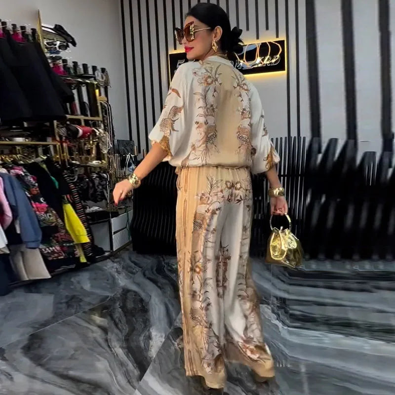 Summer Fashion Print Women's 2-piece Set Flower Zipper Baseball Uniform Drawstring Trousers Two-piece Outfit Elegant Office Suit.