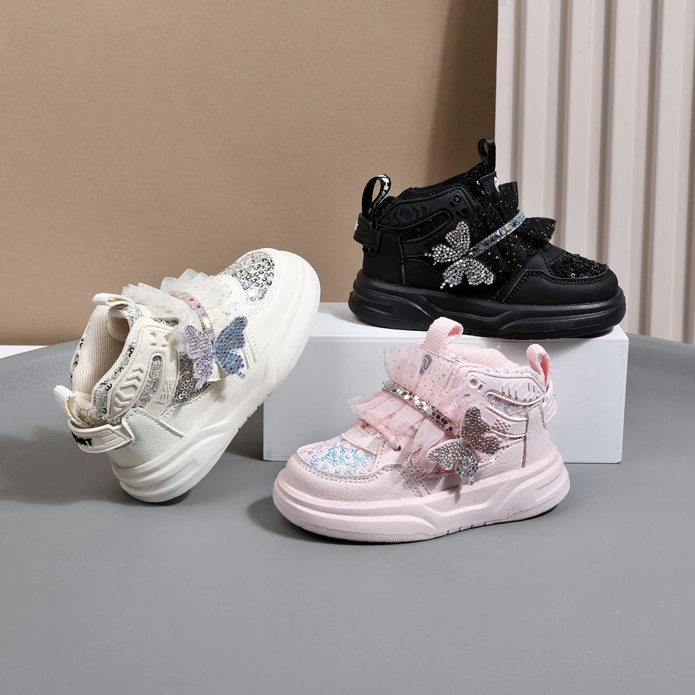 2025 New Autumn Children Shoes Leather Toddler Kids Sport Shoes Bling Bling Cute Butterfly Soft Sole Fashion Girls Sneakers.