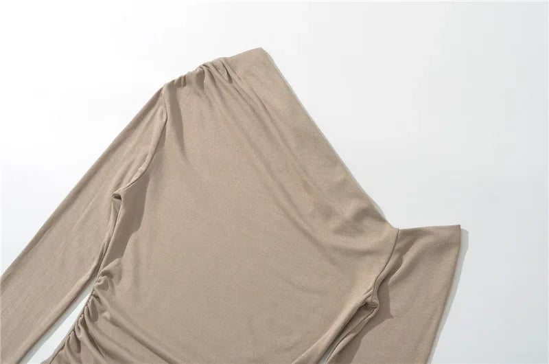 Slim Fit Long Sleeve T-Shirt Irregular Hem Slant Collar Pleated Pure Desirable Sexy Top for Women Fashionable Autumn New Style.