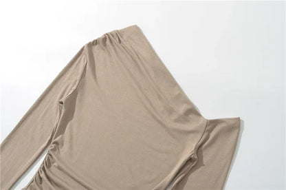 Slim Fit Long Sleeve T-Shirt Irregular Hem Slant Collar Pleated Pure Desirable Sexy Top for Women Fashionable Autumn New Style.