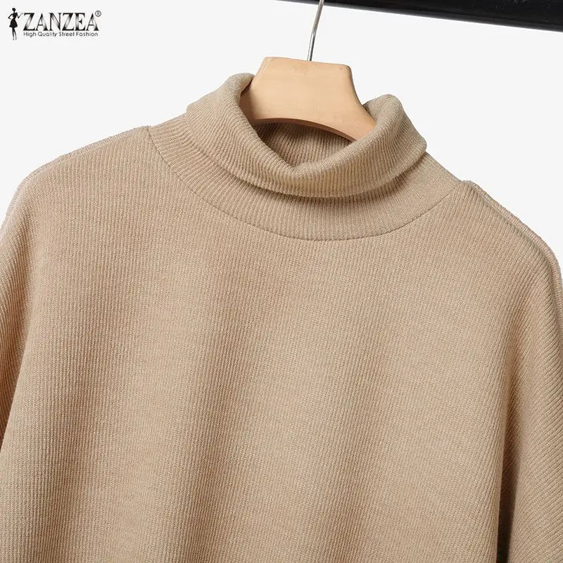 ZANZEA Gestrickte 2-teilige Hosen-Sets für Damen, lässig, lockerer Rollkragen, Langarm-Pullover und Hosenanzüge mit weitem Bein, tägliche Outfits