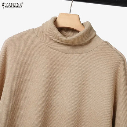 ZANZEA Gestrickte 2-teilige Hosen-Sets für Damen, lässig, lockerer Rollkragen, Langarm-Pullover und Hosenanzüge mit weitem Bein, tägliche Outfits