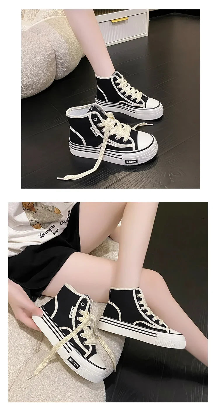 Maogu Women Autumn 2023 New Fashion Thick Platform Leisure Sports Shoe White Sneakers Breathable Casual High Top Canvas Shoes 40.