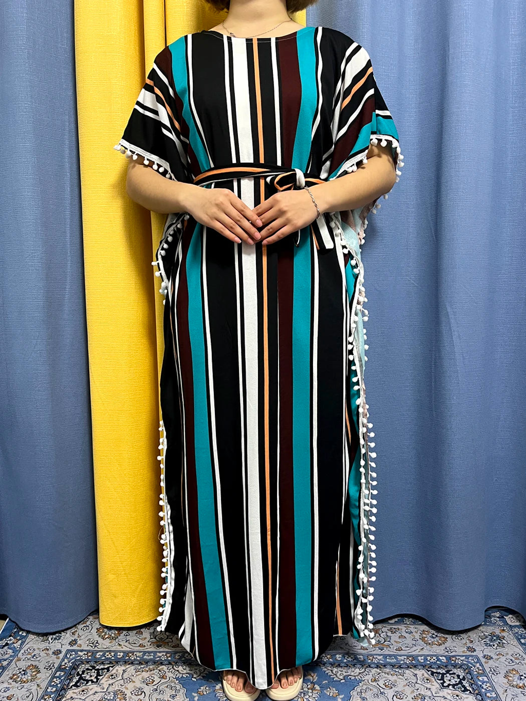 Abayas For Women 2024 Printed Vertical Stripe Tassels Elasticity Loose Fit Femme Robe African Woman Dresses With Belt Headscarf.