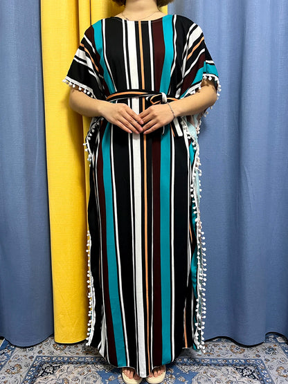Abayas For Women 2024 Printed Vertical Stripe Tassels Elasticity Loose Fit Femme Robe African Woman Dresses With Belt Headscarf.