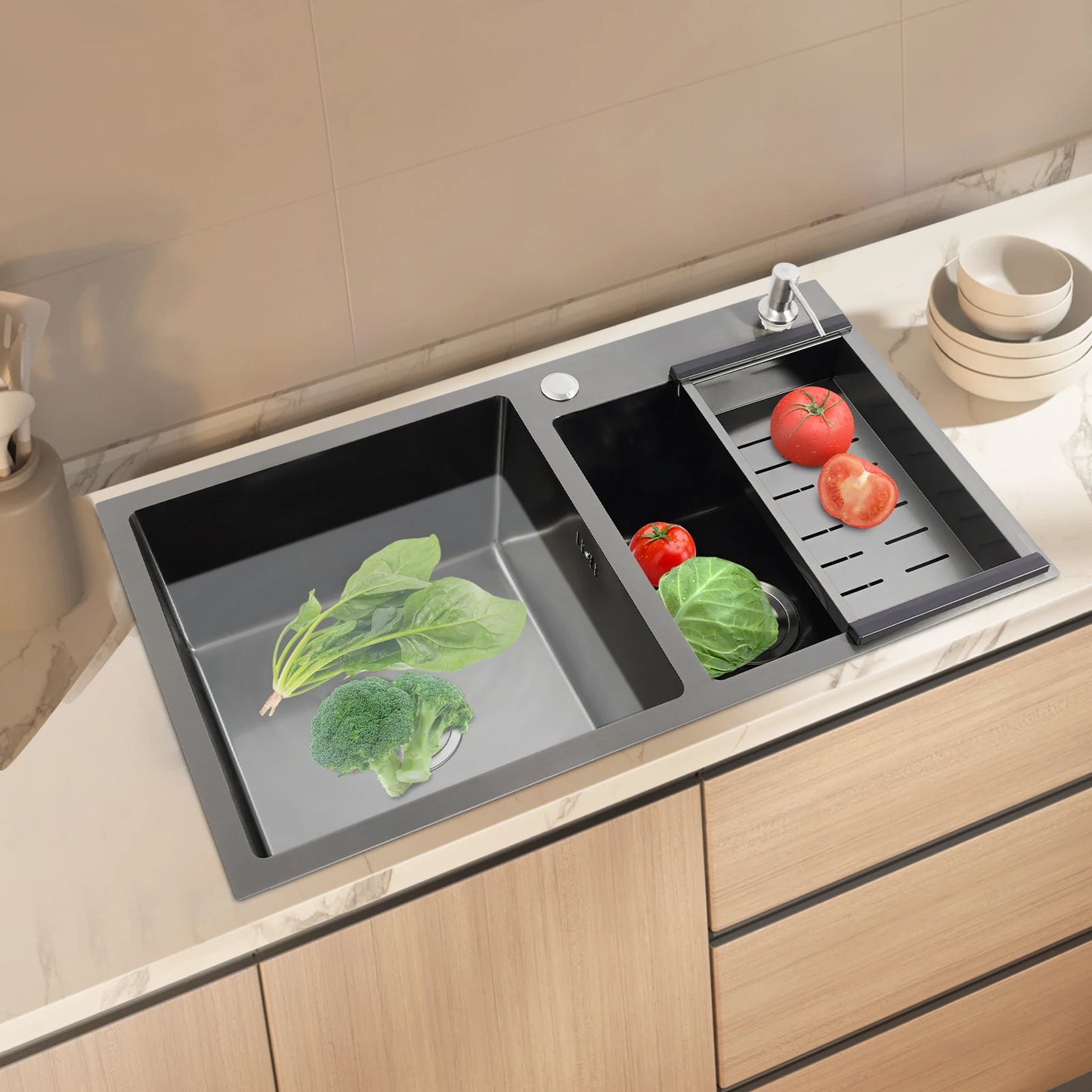 [Edelstahlspüle] Doppelbecken-Küchenspüle aus Edelstahl 304, modernes Design – großes Fassungsvermögen, langlebig