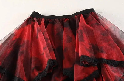 Irregular Hem Lace Cake Mesh Midi Long Skirt High Elastic Waist Ball Gown Harajuku Gothic Cosplay Maxi Skirts Red Party Skater.