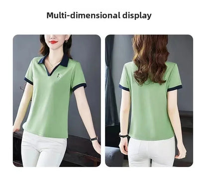 Loose Fit Polo Shirt Short Sleeve Turn-down Collar T-shirt for Middle-aged Mothers Summer New Style Sport Casual Top plus Size.