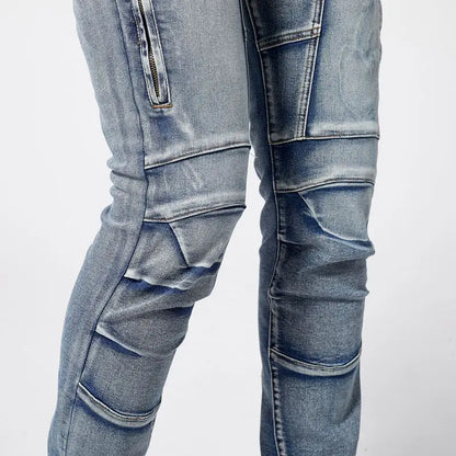 Two tone distressed patchwork jeans for men trendy jeans for summer thin straight leg pants slim fit small leg distressed jeans.