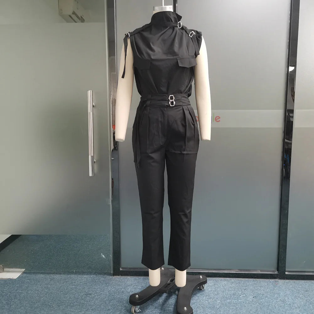 Spring Summer New Women's Clothing Personalized Shoulder Slimming Waist-Slimming Belt Decoration Blouse Top Pants Set.