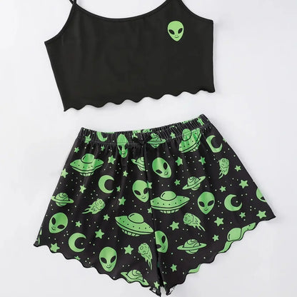 Sommer-Pyjamas für Damen, sexy Alien-Druck, Schlinge, Nachtwäsche, V-Ausschnitt, Pyjama, Homewear, ärmellos, niedliches Top und Shorts-Sets
