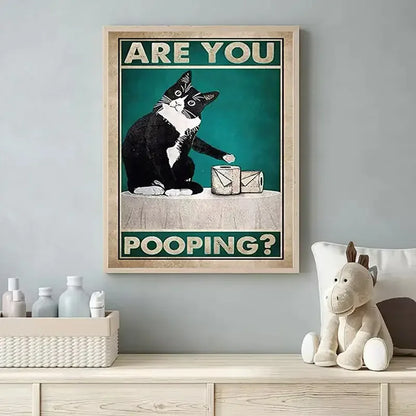Art quote you are pooping black cat kitten reading newspaper in toilet funny animal poster retro art living room decoration.