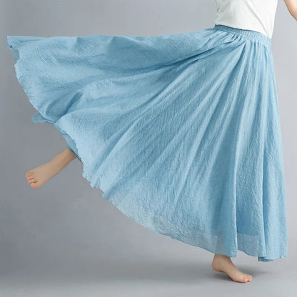Boho Cotton Linen Beach Long Skirt Women Vintage Casual Solid A-line High Waist Dance Floor-Length Maxi Skirt Spring Summer New.