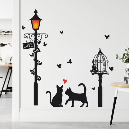 Cartoon Street Lamp Cat Wall Sticker Living Room Entrance Background Home Decoration Bedroom Decor Decal Self Adhesive Wallpaper.