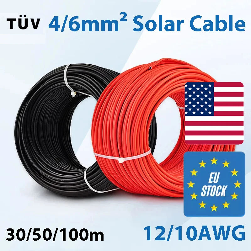 Solar Power Cable 4/6mm2 12/10AWG Wire Photovoltaic TÜV TUV Cable For PV Panels Connection Red Black PVC Double Layer EU Stock.