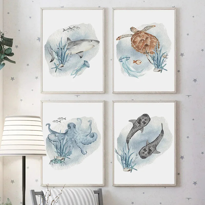 Posters And Prints Whale Fish Shark Octopus Turtle Sea Animals Nursery Wall Art Canvas Painting Pictures Baby Kids Room Decor.