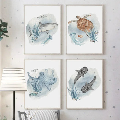 Posters And Prints Whale Fish Shark Octopus Turtle Sea Animals Nursery Wall Art Canvas Painting Pictures Baby Kids Room Decor.