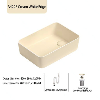 Rechteckiges Waschbecken aus Porzellan-Keramik für Badezimmer, modernes Waschbecken über der Theke mit Abflussset, Waschtischwaschbecken auf der Arbeitsplatte