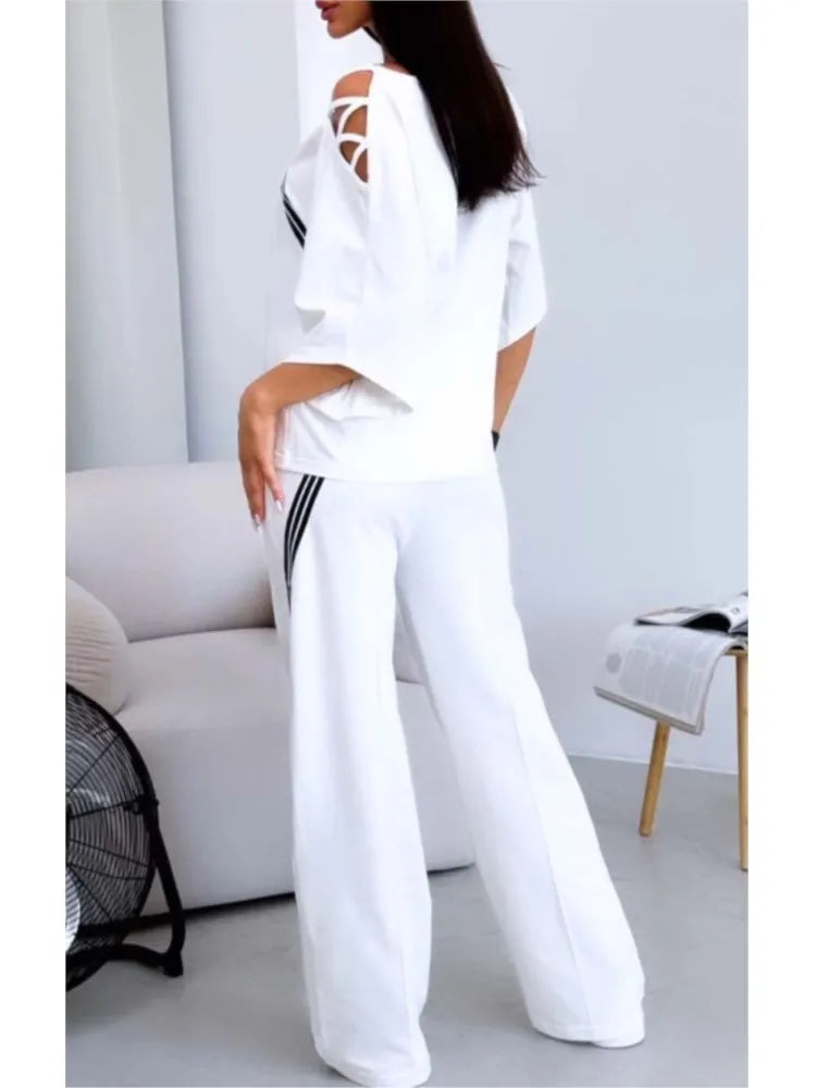 Spring Summer Women Fashion Two Pieces Sets 2025 New Off-the-shoulder Loose Short Sleeve Top And Pants Suits Outfits Clothing.
