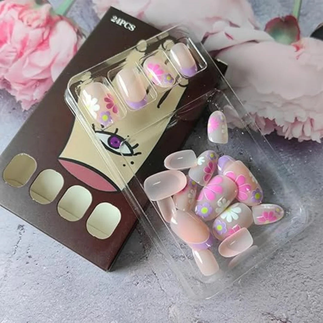 24Pcs Short Almond Press-On Nails Pink Floral French Tip Glossy&Elegant Full Cover Fake Nails for Women&Girls Spring,Daily Wear.