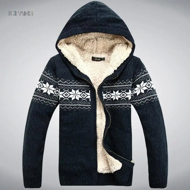 Wool Man Sweater Hooded Winter Cardigan  Winter Thicken Fleece  Overcoat Casual New Fashion Cotton Red Mens Winter Jacket.