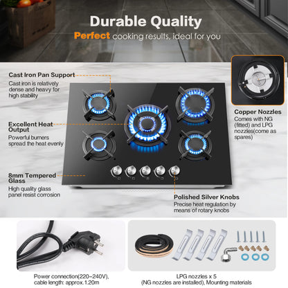 5 Burners 70 cm Glass with Automatic Flame Protection, Natural Gas Propane Gas, Built-in Gas Hob.